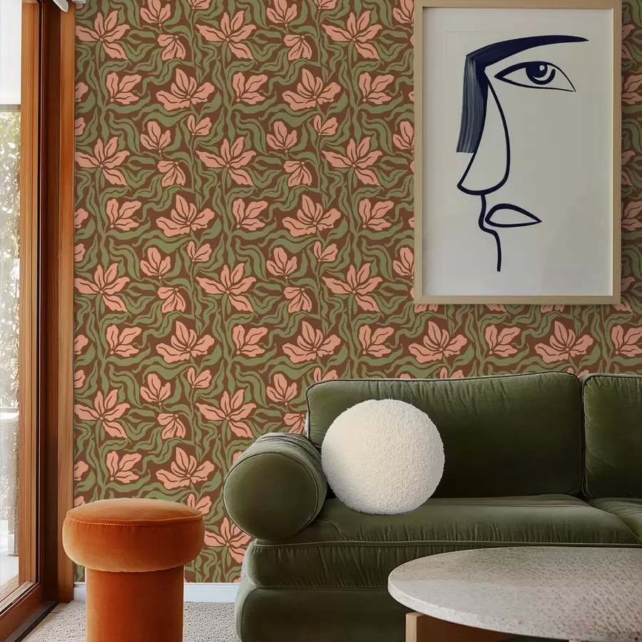 murales de pared Flores de melocotonero y vegetación sobre un fondo marrón oscuro a00958v2