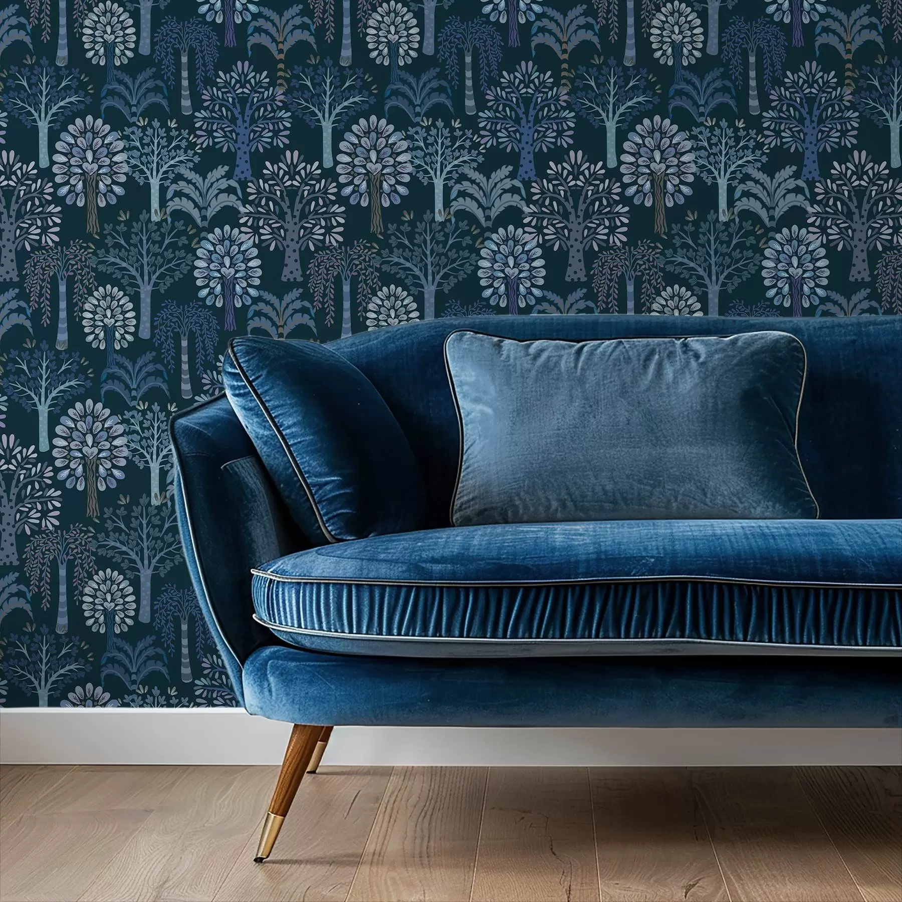 murales de pared Bosque nocturno con árboles decorativos en tonos azules a00960v2