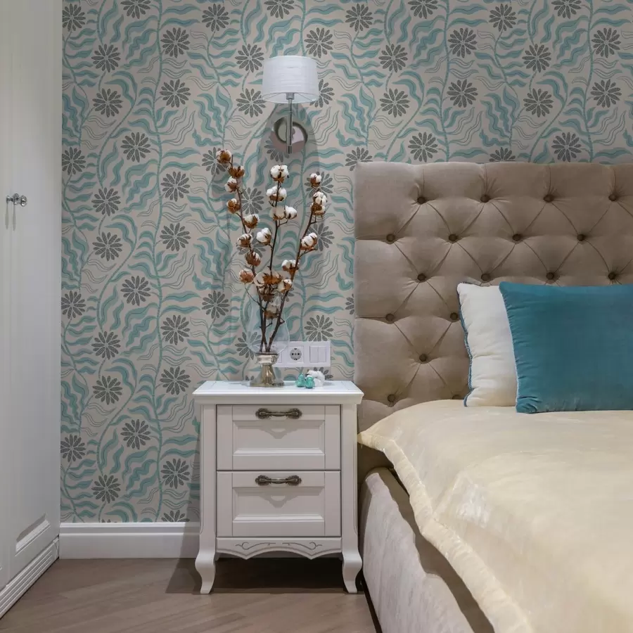 murales de pared Flores abstractas y hojas onduladas en suaves tonos azules a00998v1