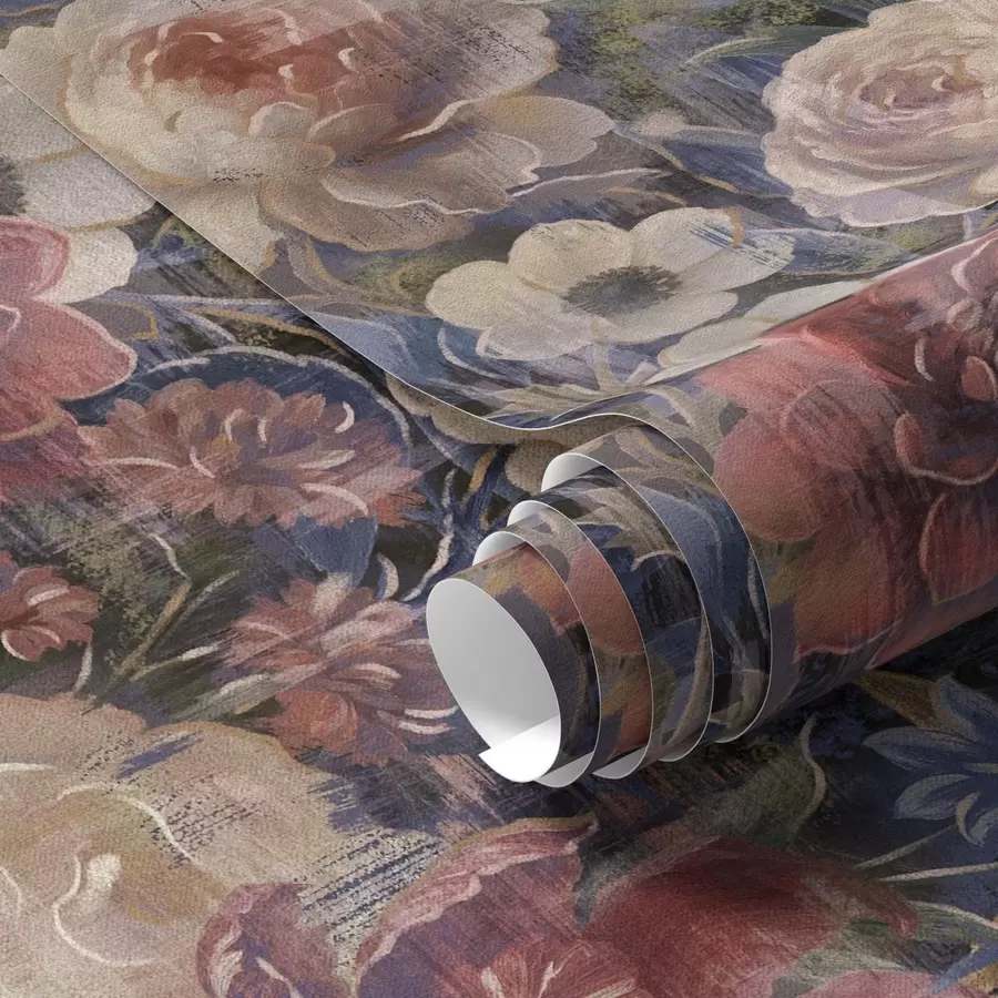 murales de pared Ramo pictórico de flores grandes sobre fondo índigo intenso a01021