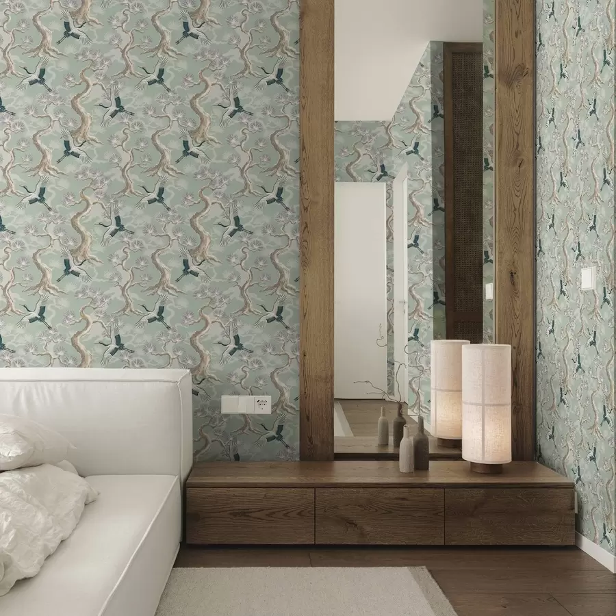 murales de pared Grullas entre ramas curvadas sobre un suave fondo color salvia. a01023