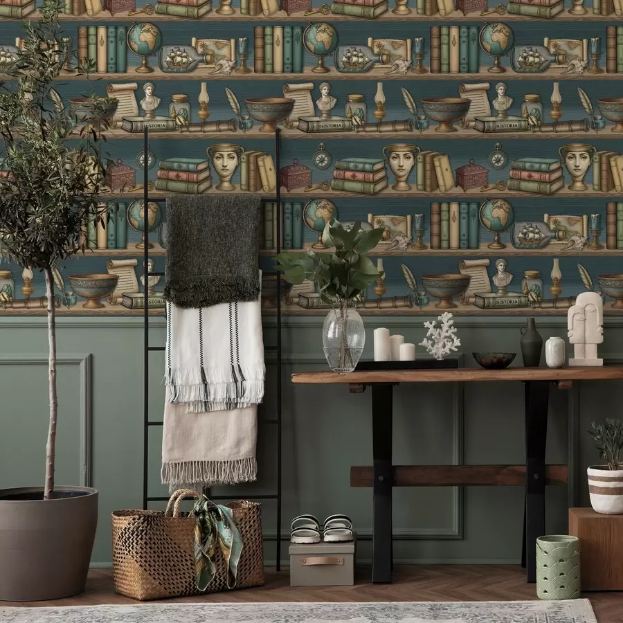 murales de pared Estanterías vintage con libros, un globo terráqueo y curiosidades marinas. a01036