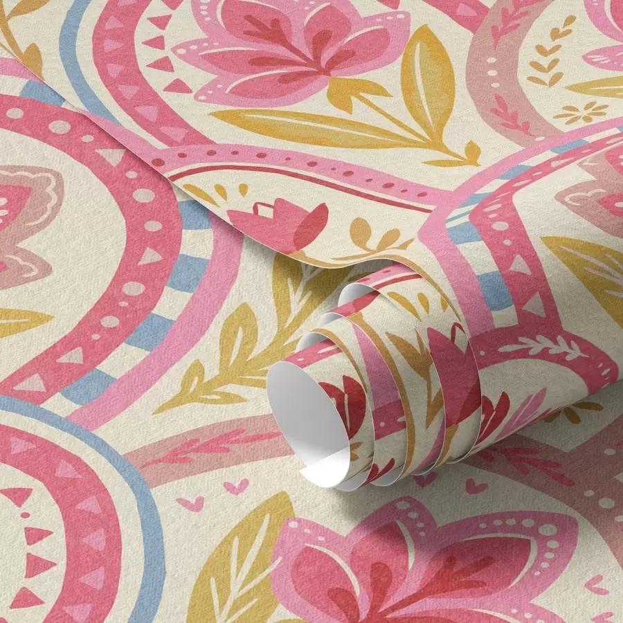 murales de pared Arcos con flores rosas en un diseño de estilo folclórico a01080