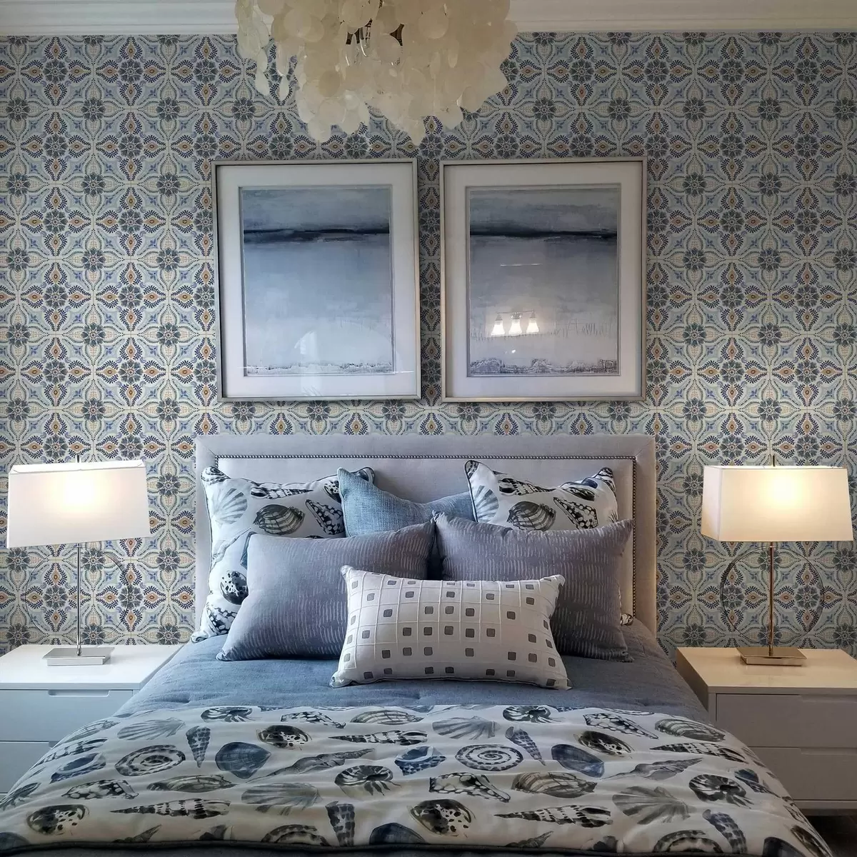 Papel pintado Adorno estilo azulejo azul-beige pintado en acuarela a01085