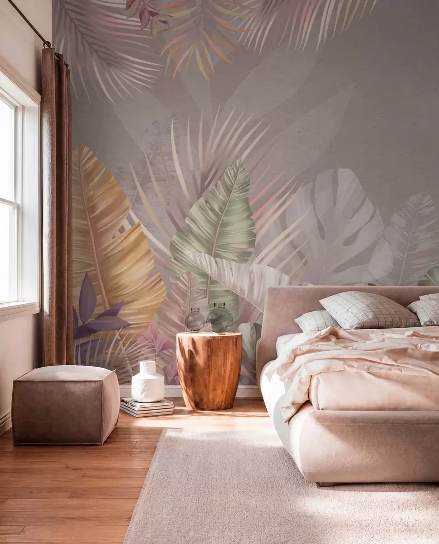 murales de pared Hojas tropicales en suaves tonos pastel w01684