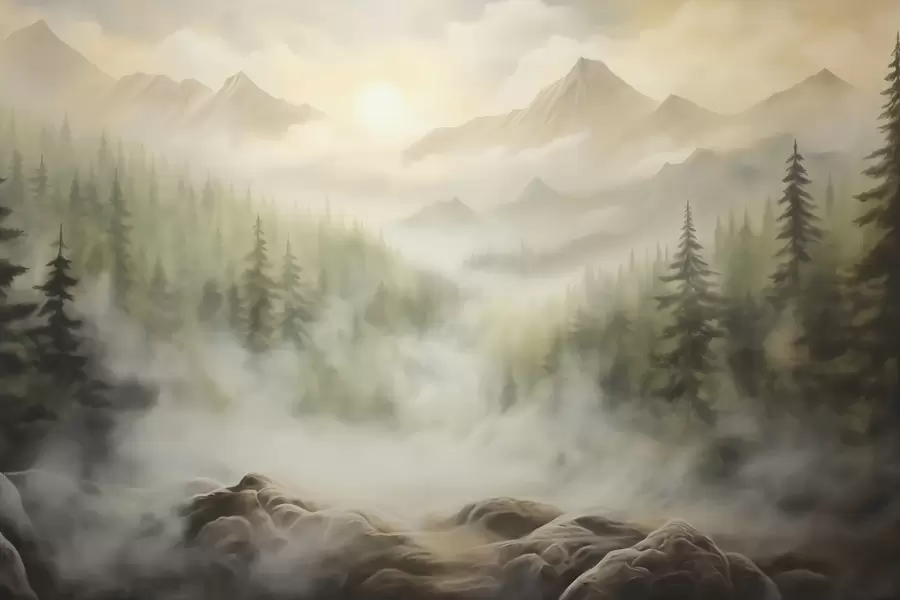 murales de pared Bosque en la niebla con las montañas como telón de fondo w04730