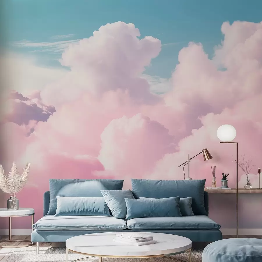 murales de pared Suaves y vaporosas nubes rosadas en un cielo azul. w09569