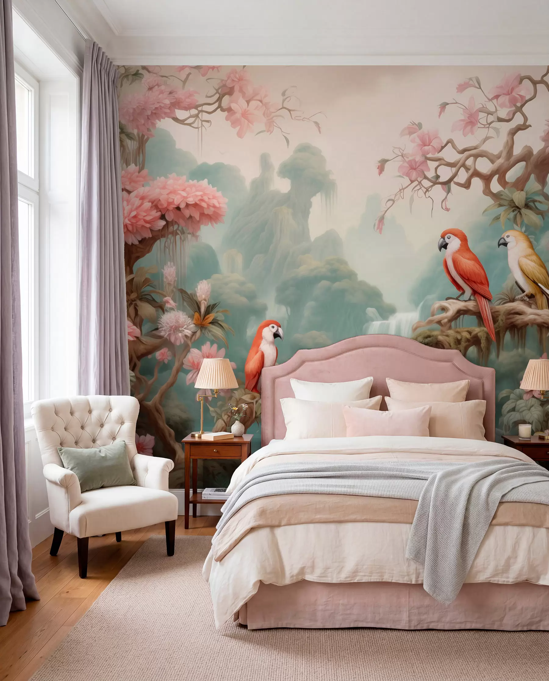 murales de pared Un bosque tropical de cuento de hadas con loros, árboles en flor con flores rosas y una cascada. w09580