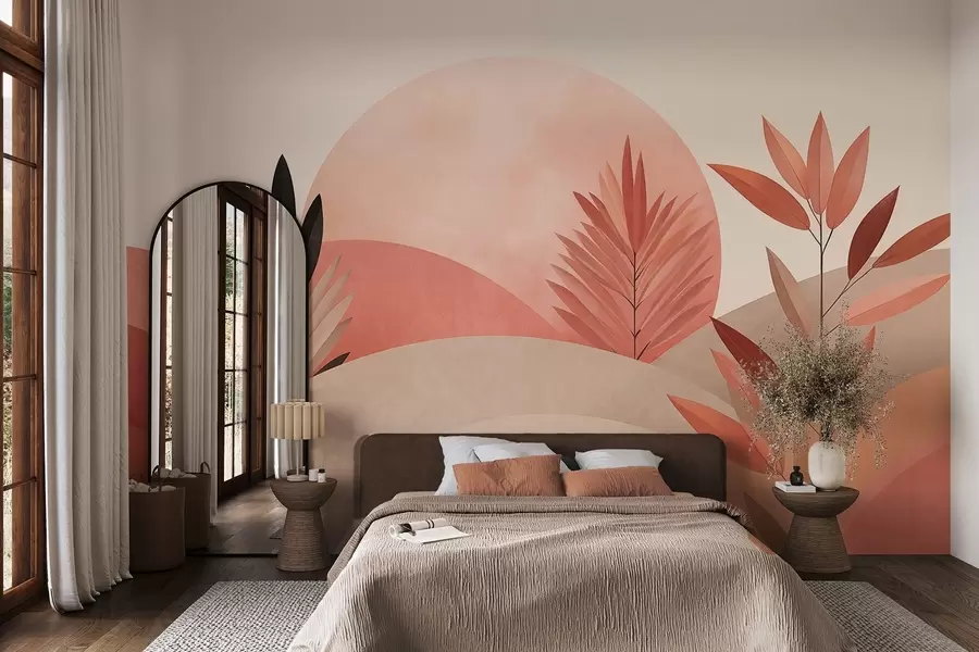 murales de pared Paisaje boho abstracto, sol detrás de colinas onduladas, plantas en primer plano, minimalista, texturizado, colores apagados. w09608