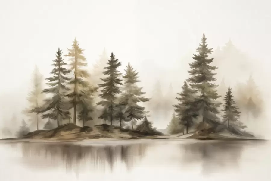 murales de pared Un bosque brumoso con textura y altos pinos pintados de imitación. w09610