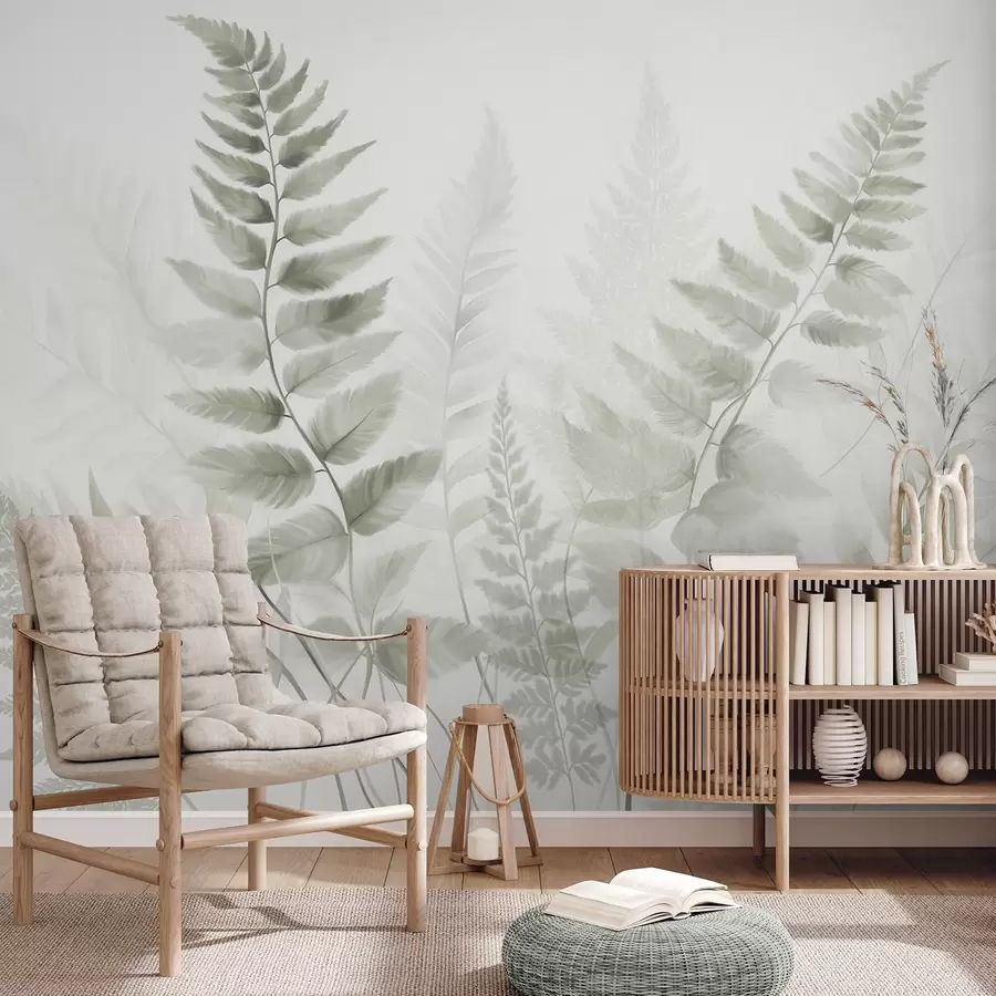 murales de pared Hojas secas de helecho con textura en varios tonos de verde, con un fondo suave y claro en estilo acuarela. w09615v1
