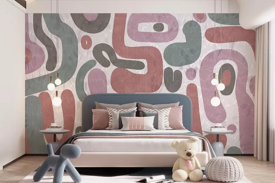 murales de pared Formas abstractas con textura en tonos apagados de rosa, verde y gris, sobre un fondo con textura. Arte moderno. w09622