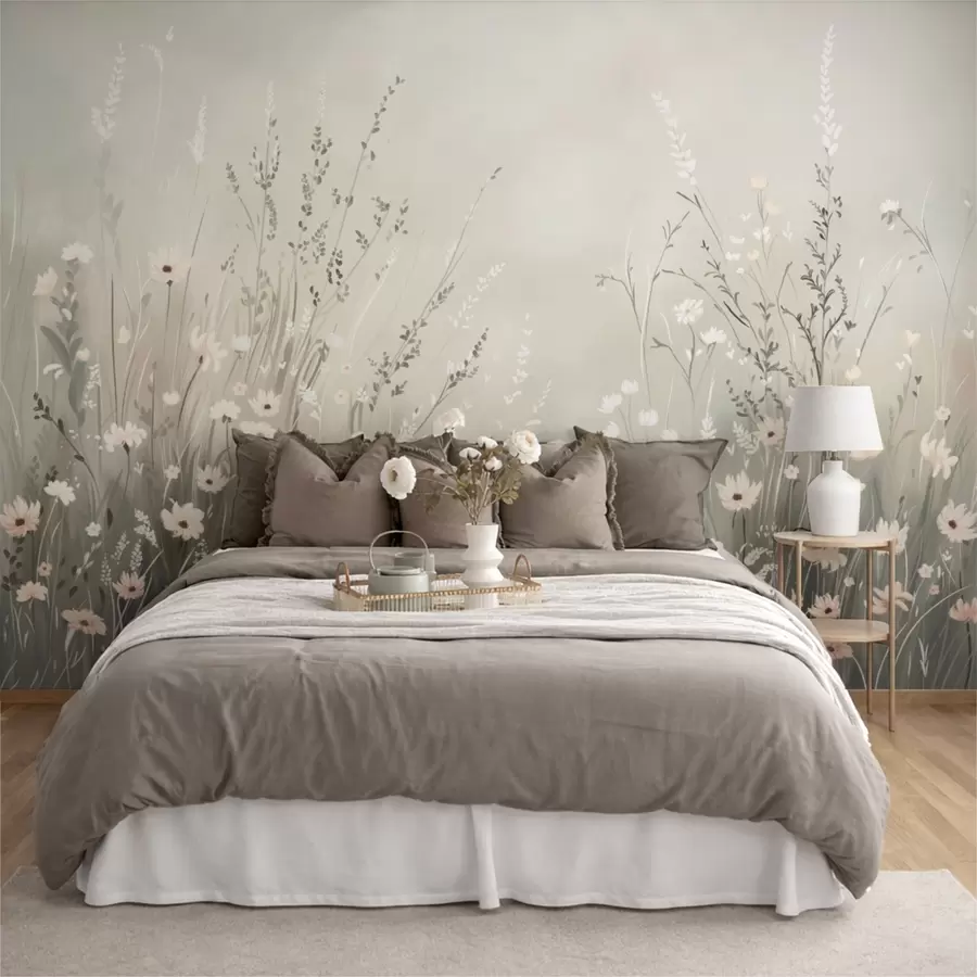 murales de pared Suave escena de pradera con flores blancas y delicadas hierbas. w05015v1