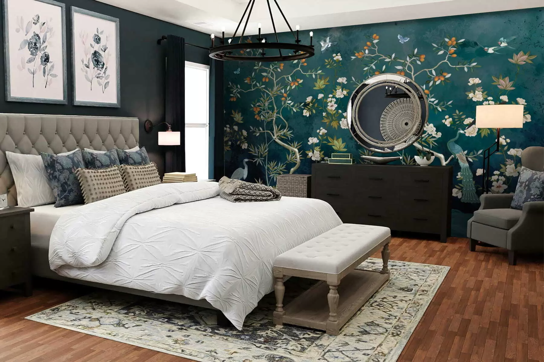 murales de pared Escena decorativa con árboles, flores y pájaros sobre fondo oscuro. w05004