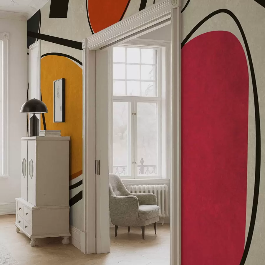 murales de pared Formas abstractas y líneas con campos de colores vivos. w05017