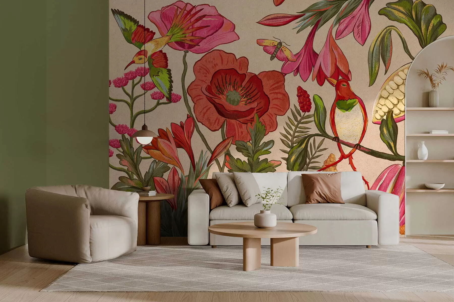 murales de pared Flores y pájaros decorativos sobre fondo azul w05036