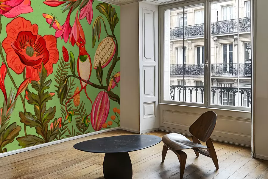 murales de pared Flores y pájaros decorativos sobre fondo verde w05036v1