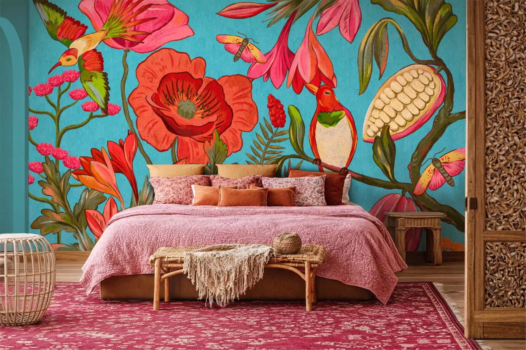 murales de pared Flores y pájaros decorativos sobre fondo azul w05036v3