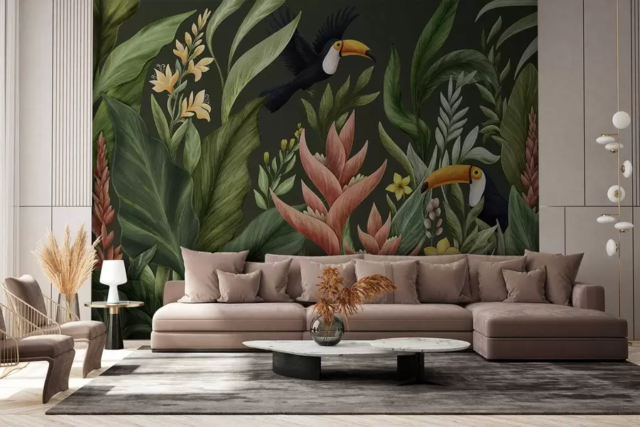 murales de pared Plantas tropicales y aves de pico grande sobre fondo claro w05088