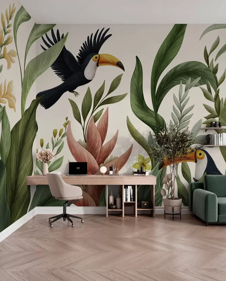 murales de pared Plantas tropicales y aves de pico grande sobre fondo claro w05088v1