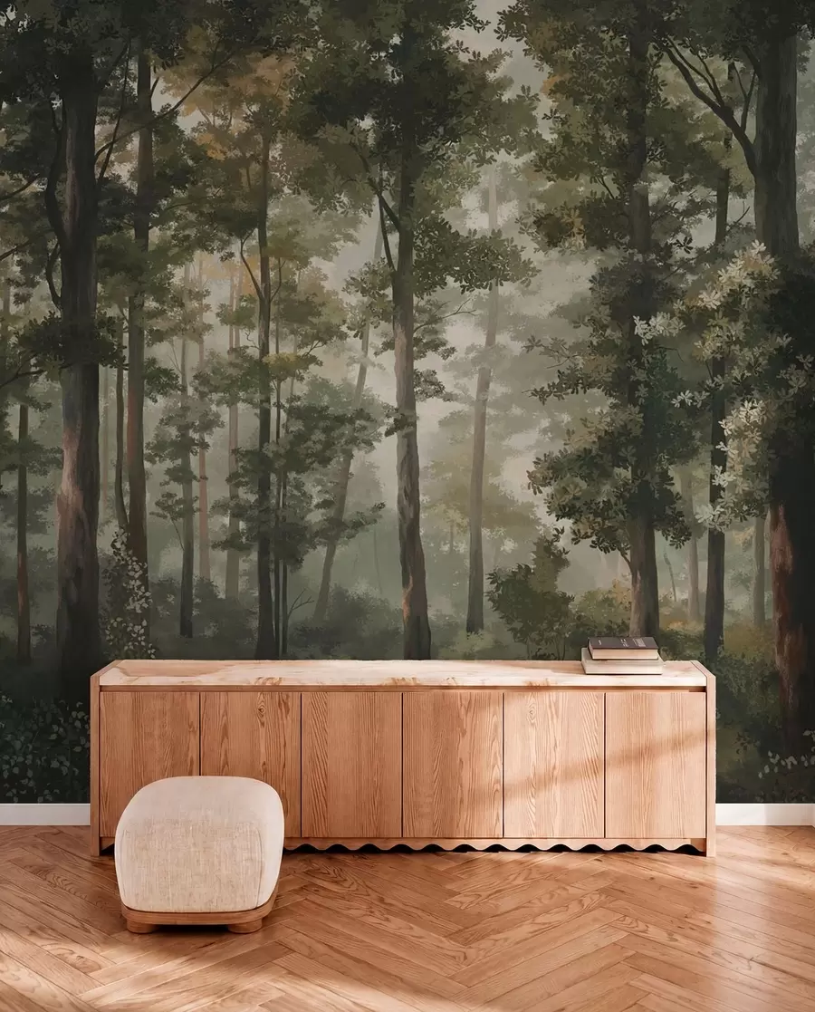 murales de pared Ilustración de un bosque con niebla, árboles altos y un sendero. w05089