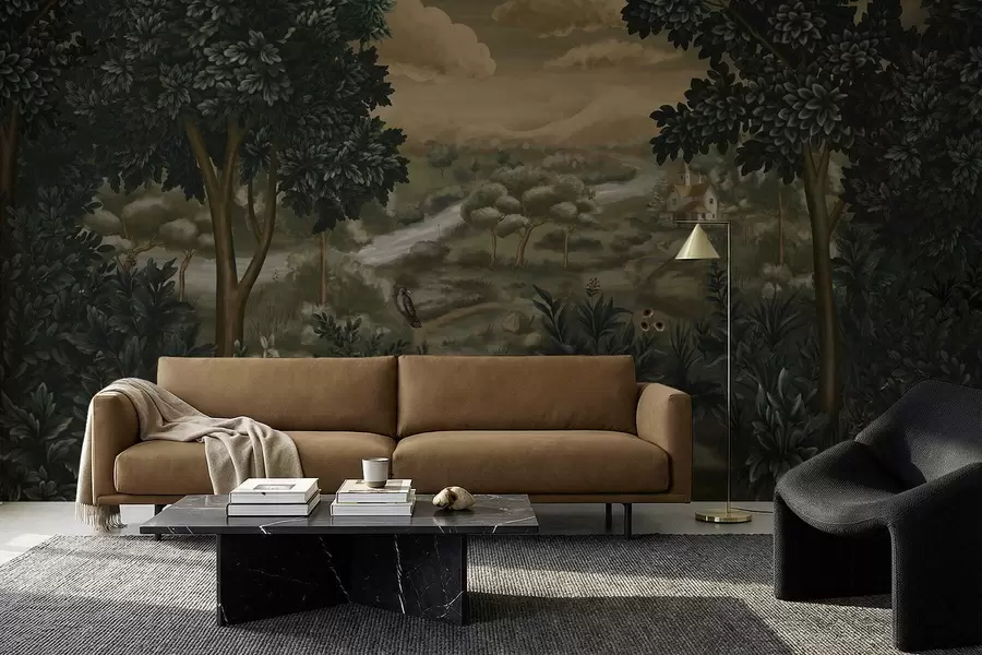 murales de pared Paisaje fantástico con río, casa y pájaros entre los árboles. w05090