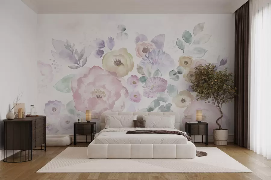 murales de pared Composición en acuarela suave con flores y hojas w05093
