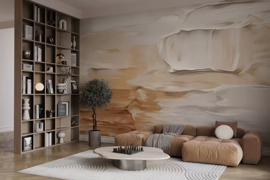 murales de pared Imitaciones de pinceladas abstractas con textura en tonos cálidos y terrosos de beige, crema y marrón, arte moderno. w09588