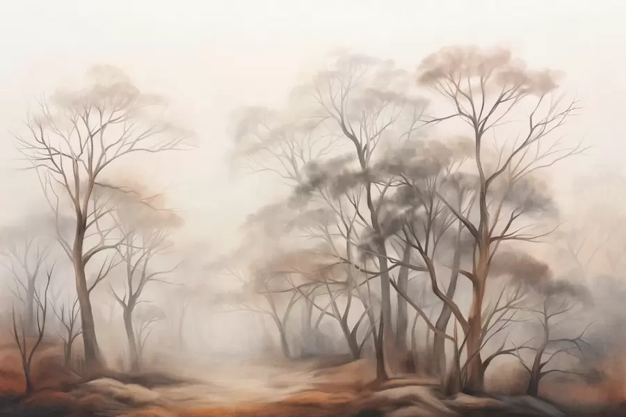 murales de pared Árboles con textura en un bosque brumoso, paisaje neblinoso con colores apagados y suave iluminación. w09609