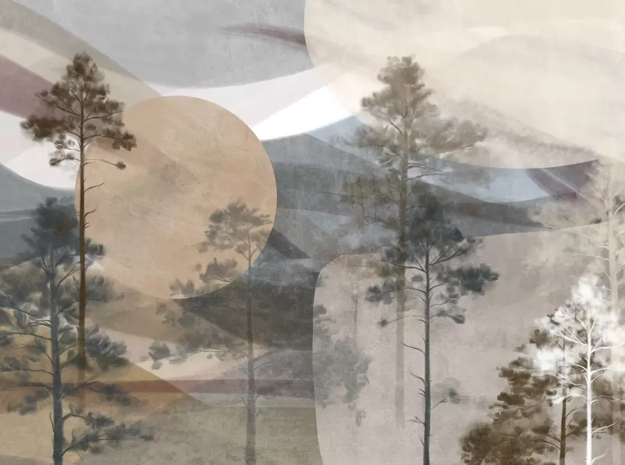 murales de pared Altos pinos en un paisaje de textura apagada con formas circulares abstractas y montañas en capas en tonos terrosos. w09636