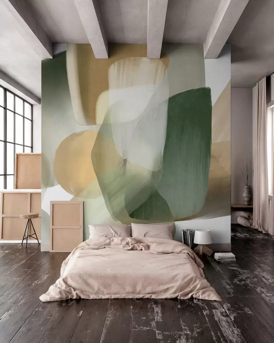 murales de pared Formas abstractas con textura en colores verde y beige apagados, con bordes suaves y capas superpuestas. w09642