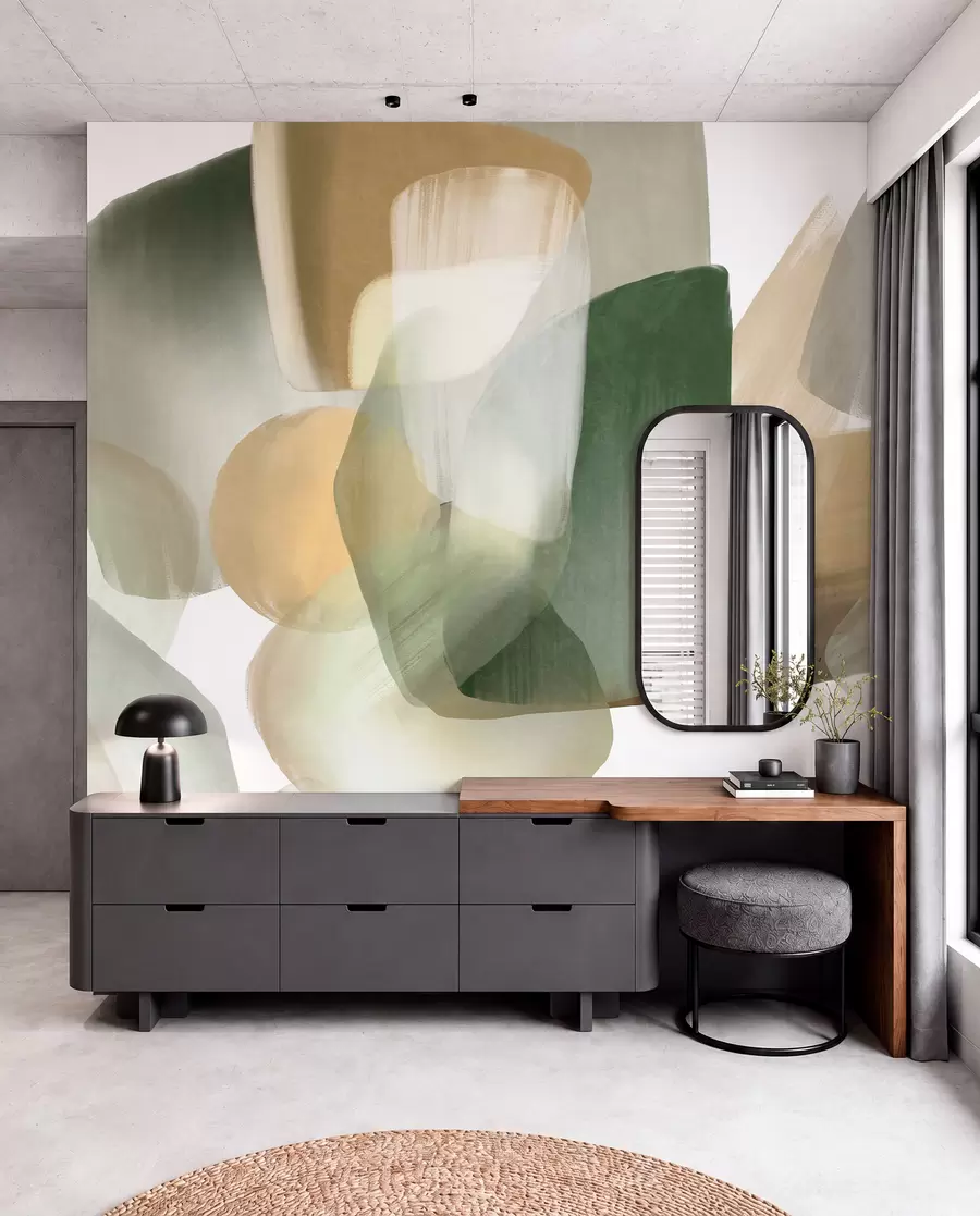 murales de pared Formas abstractas con textura en colores verde y beige apagados, con bordes suaves y capas superpuestas. w09642