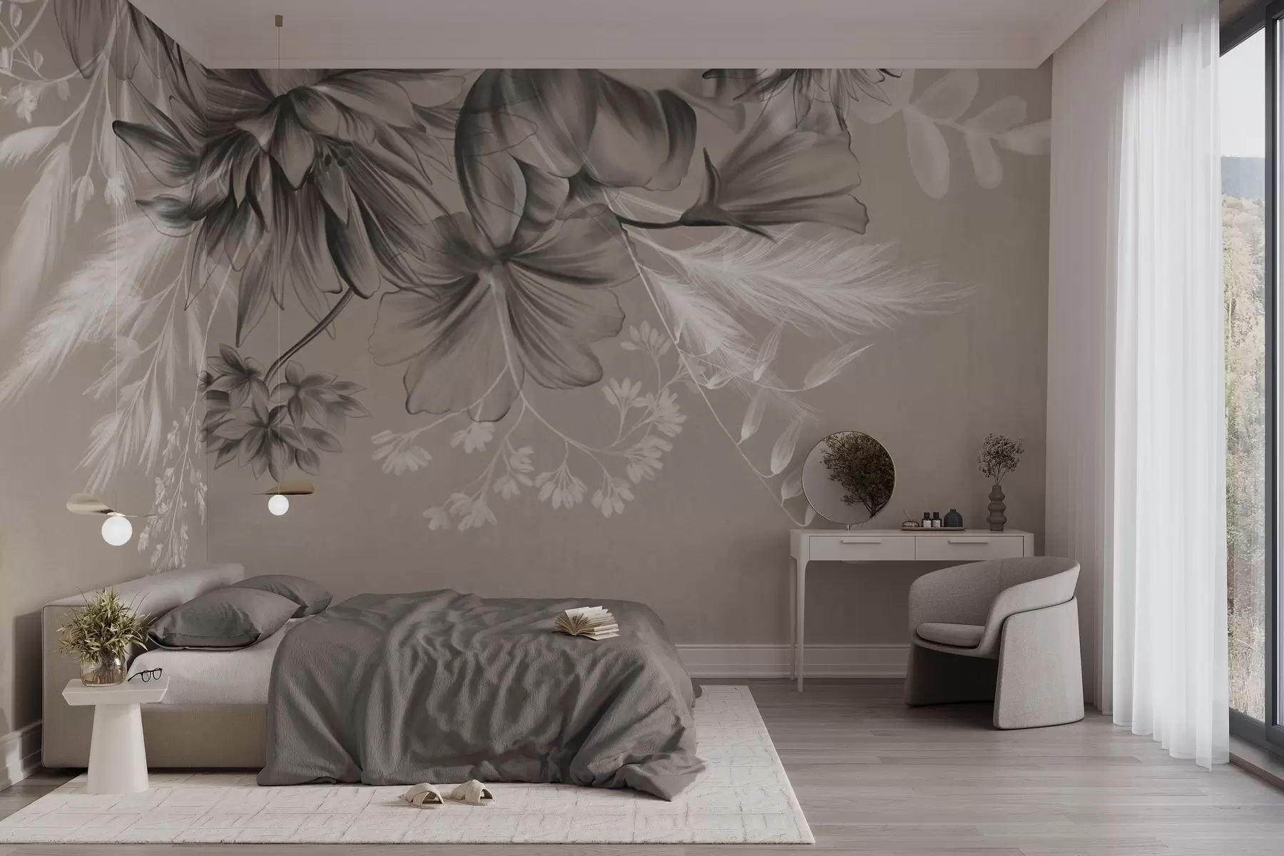 murales de pared Flores y helechos texturizados en tonos gris oscuro y blanco sobre un fondo beige apagado, estilo de dibujo. w09644