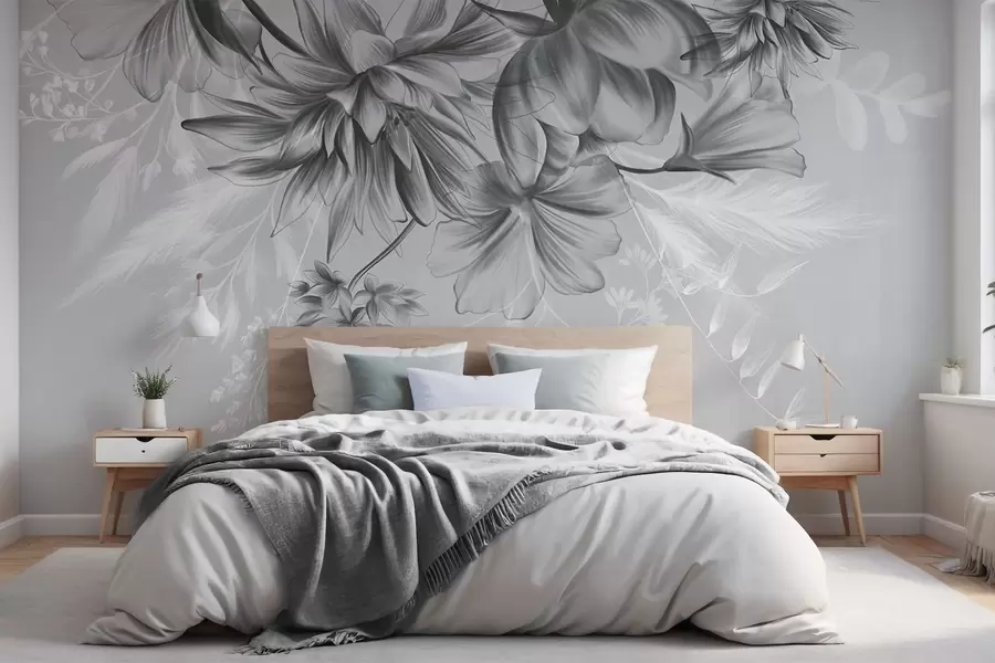 murales de pared Flores y helechos texturizados en tonos gris oscuro y blanco sobre un fondo gris apagado, estilo de dibujo. w09644v1