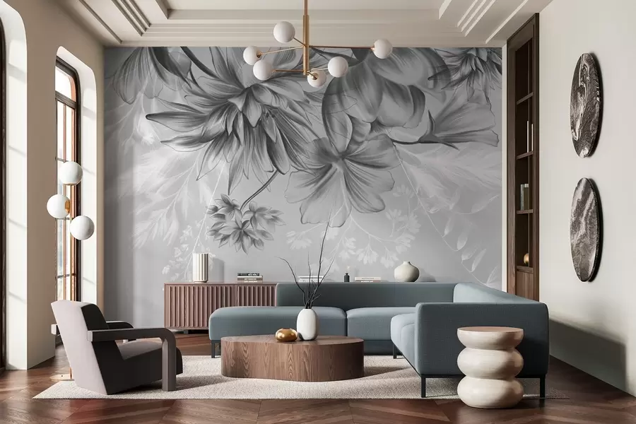 murales de pared Flores y helechos texturizados en tonos gris oscuro y blanco sobre un fondo gris apagado, estilo de dibujo. w09644v1