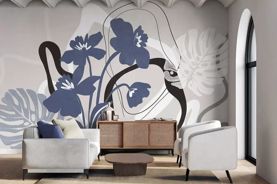 murales de pared Flores azules abstractas con textura y formas blancas y negras sobre un fondo beige claro, arte minimalista. w09645