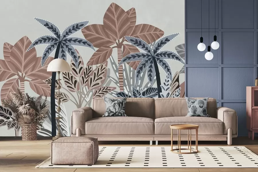 murales de pared Plantas tropicales y palmeras con textura y colores apagados en estilo boho decorativo sobre un fondo gris. w09639v1