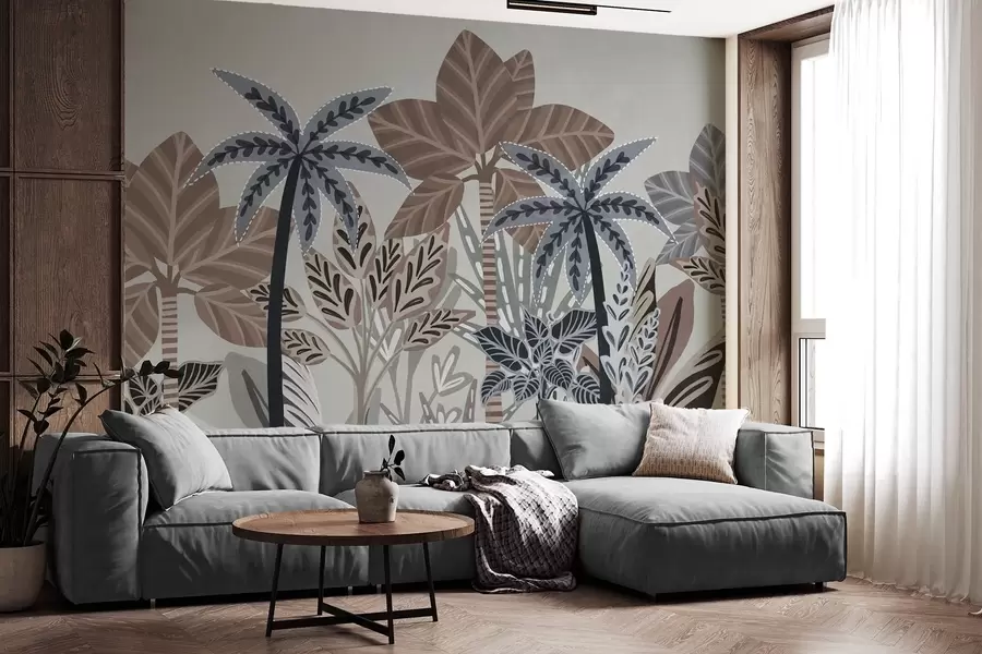 murales de pared Plantas tropicales y palmeras con textura y colores apagados en estilo boho decorativo sobre un fondo gris. w09639v1