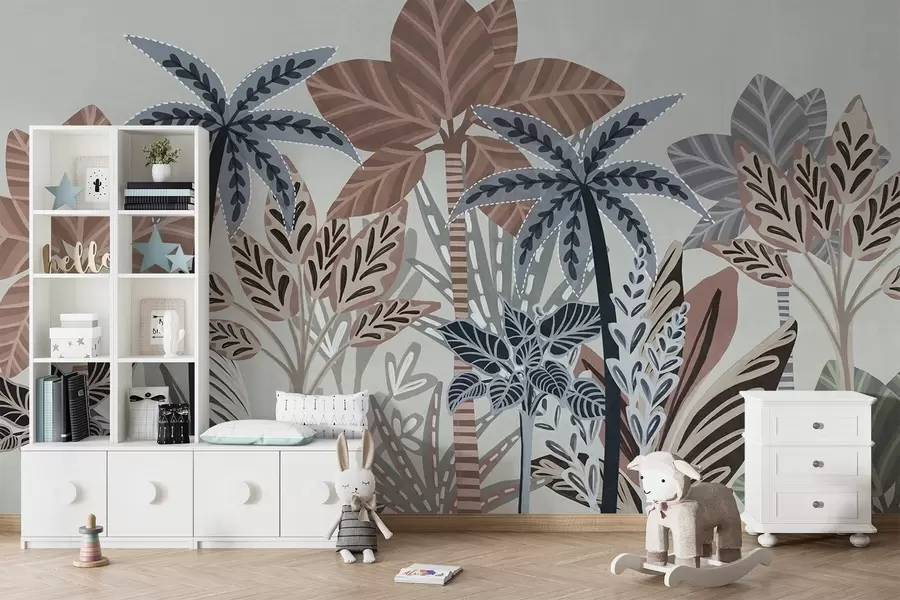murales de pared Plantas tropicales y palmeras con textura y colores apagados en estilo boho decorativo sobre un fondo gris. w09639v1