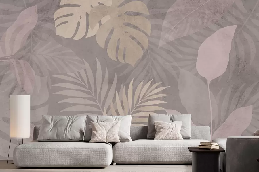 murales de pared Hojas tropicales con textura sobre fondo gris. w05063v1