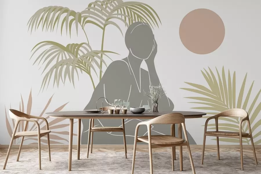 murales de pared Silueta de una mujer y hojas de palmera w05190
