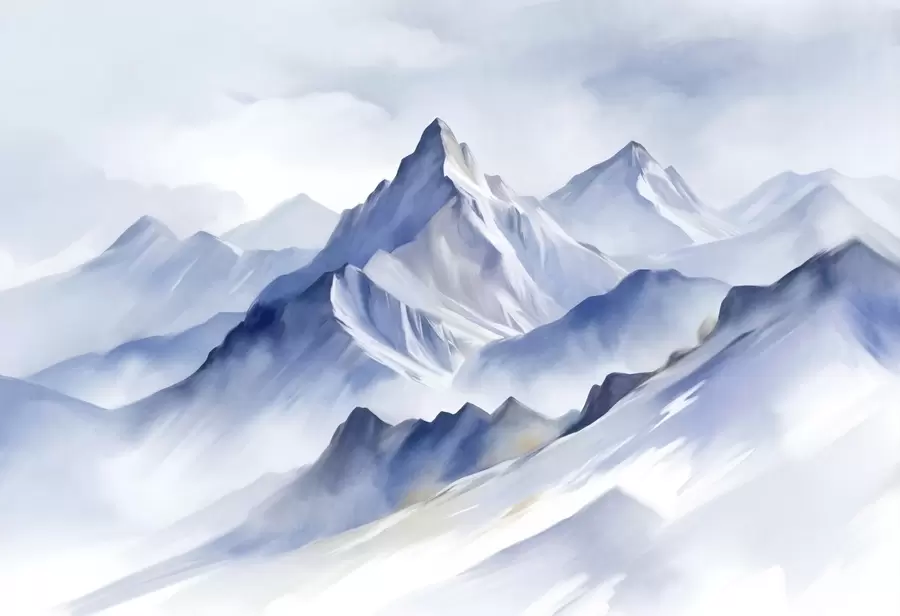 murales de pared Montañas nevadas con textura, un suave efecto acuarela y una paleta de colores azul y blanco. w09630