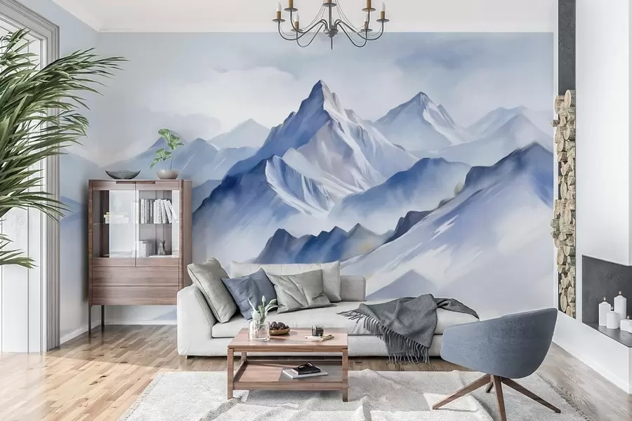 murales de pared Montañas nevadas con textura, un suave efecto acuarela y una paleta de colores azul y blanco. w09630