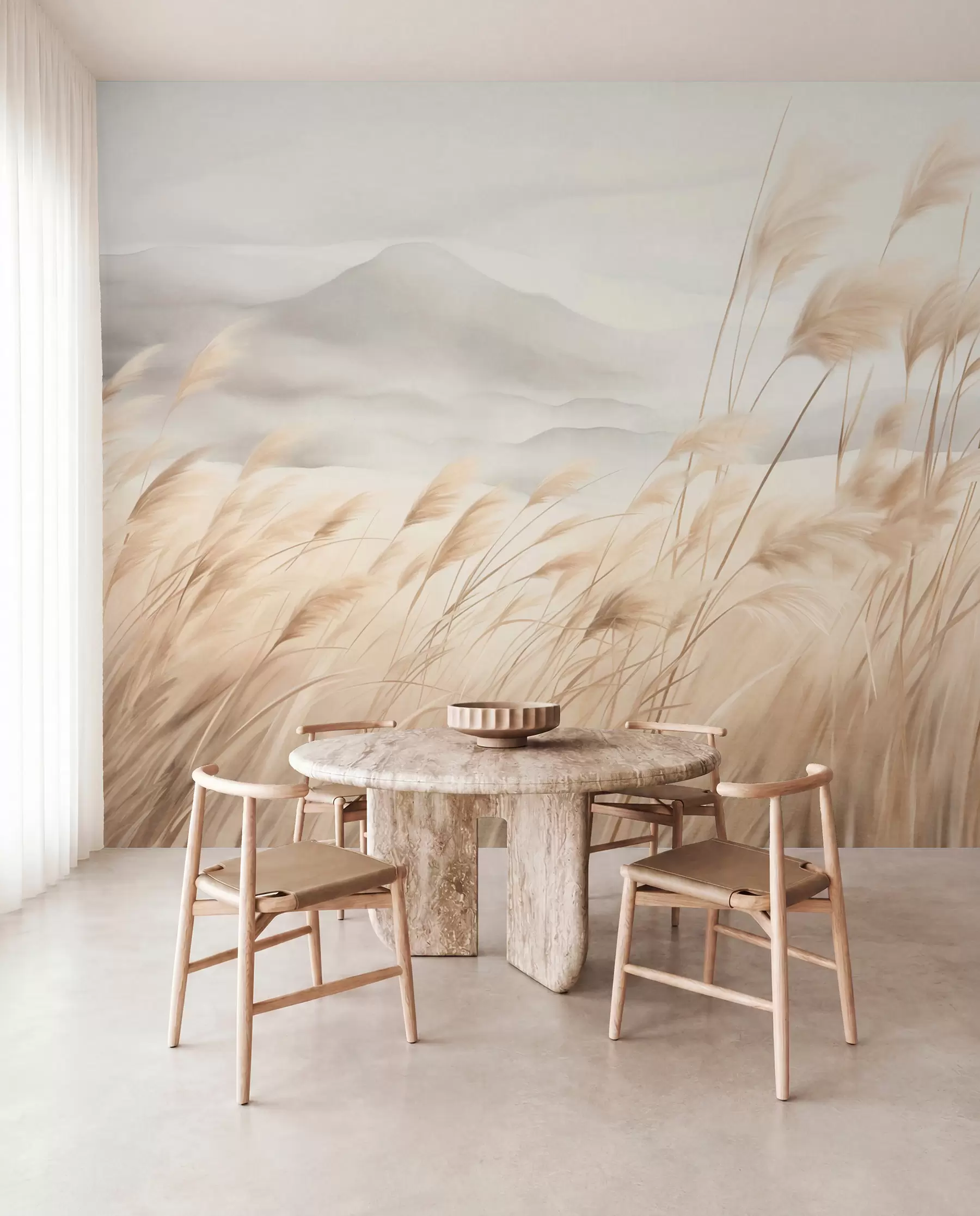 murales de pared Paisaje montañoso con textura, con hierba alta y seca bajo un cielo brumoso. w09649