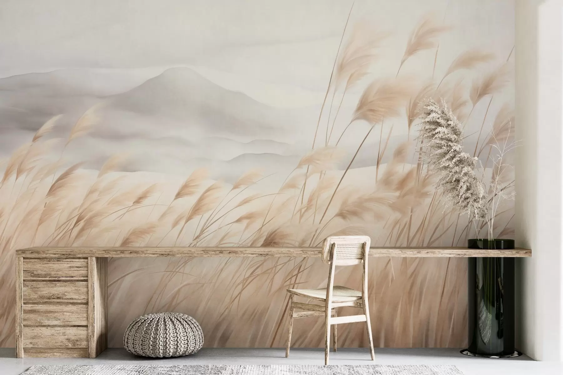 murales de pared Paisaje montañoso con textura, con hierba alta y seca bajo un cielo brumoso. w09649