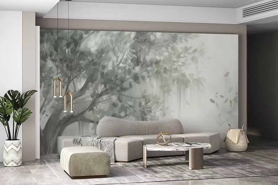 murales de pared Árbol texturizado con hojas y ramas verdes, con un fondo suave y difuminado. w09650v1