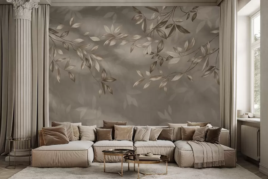 murales de pared Delicadas ramas frondosas en tonos beige sobre un fondo claro. w05113v2