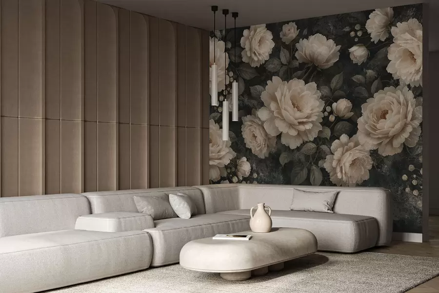 murales de pared Flores voluminosas en tonos beige sobre fondo oscuro. w05114