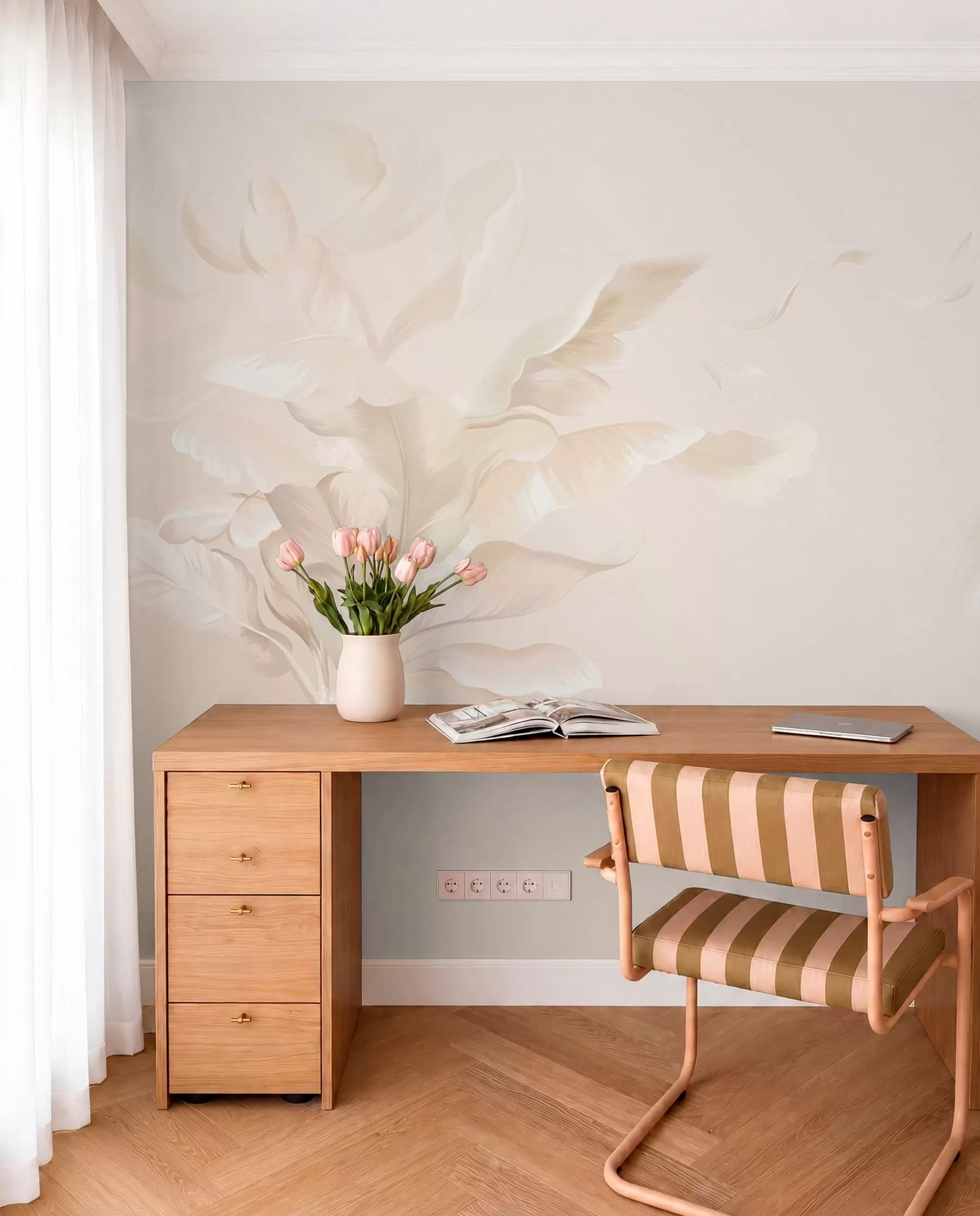 murales de pared Floritura de hojas crema w05126