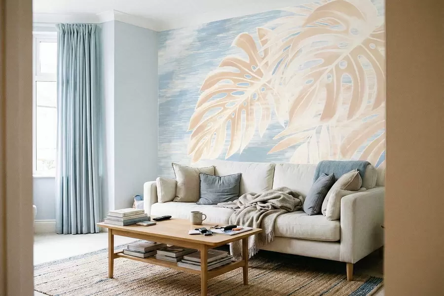 murales de pared Hojas abstractas en cálidos tonos beige sobre un fondo claro. w05130